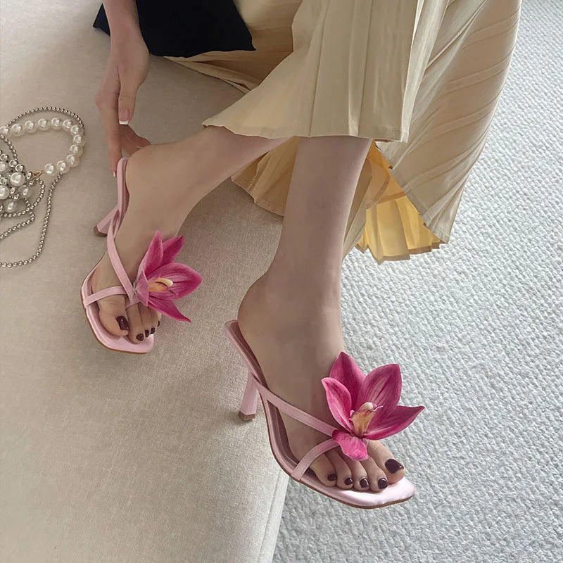 Flower Thin Heels Pumps Slides Shoes Flip flops Square Toe Heeled Sandals Shoes Big Size 43