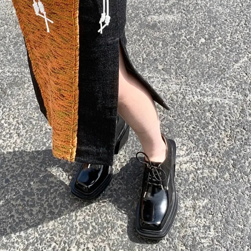 Square Toe Lace Up Japanese Style Thick Heel Heightening High Heels Personalized Patent Leather Solid Color Shoes