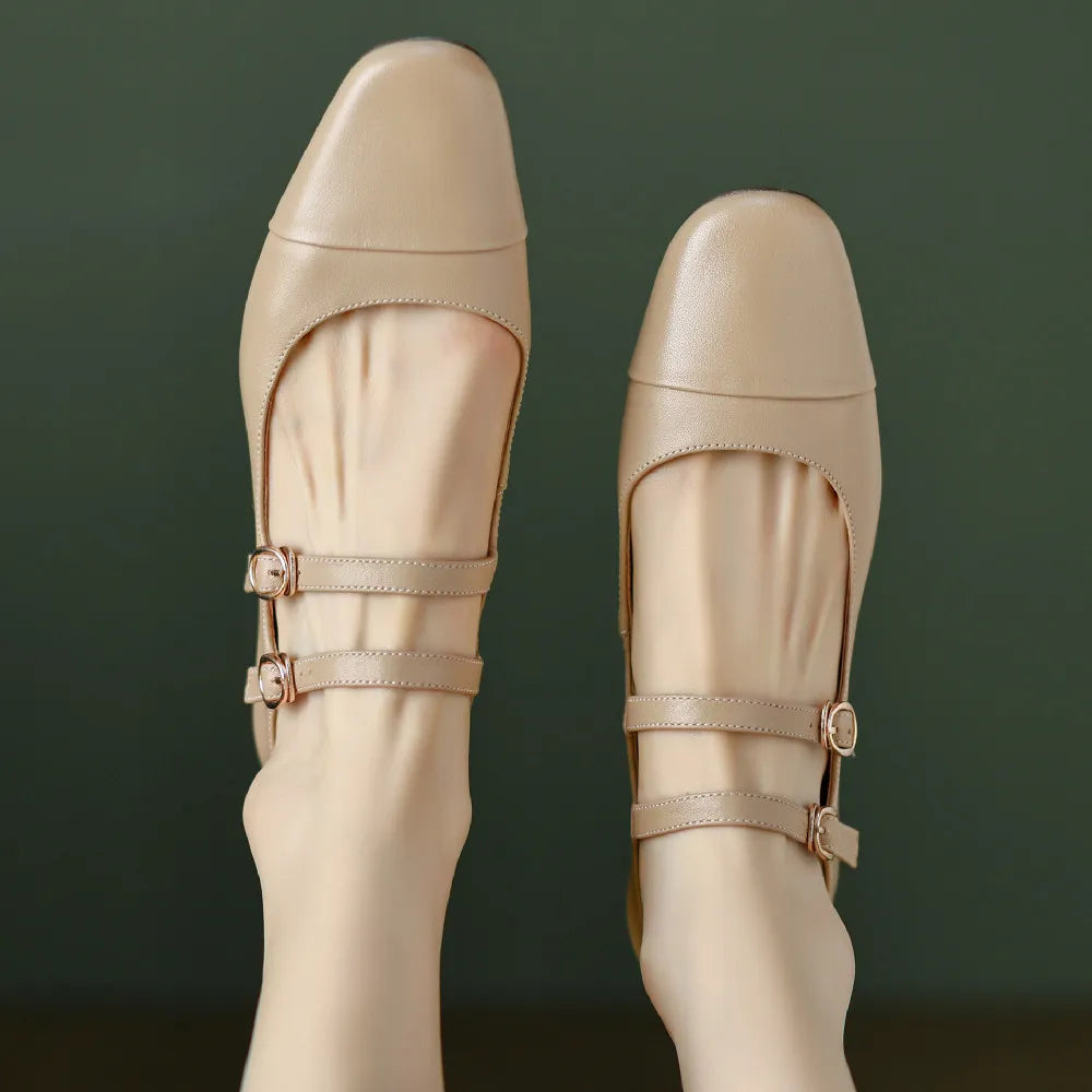 cow leather round toe double metal buckle round toe mary jane flats leisure soft comfortable ballerinas hot