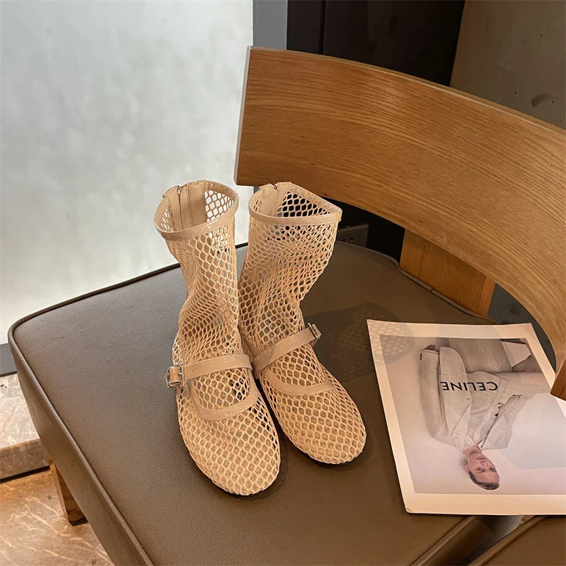 Woman Ankle Boots Burgundy Mesh Flat Shoes Porosity Round Toe Low Heels Shoes White Flats Size 43 Botas Feminino