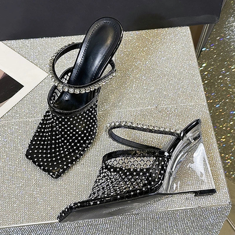Sandals Rhinestone Mesh High Heels Footwear Elegant Square Toe Transparent Wedges Slippers