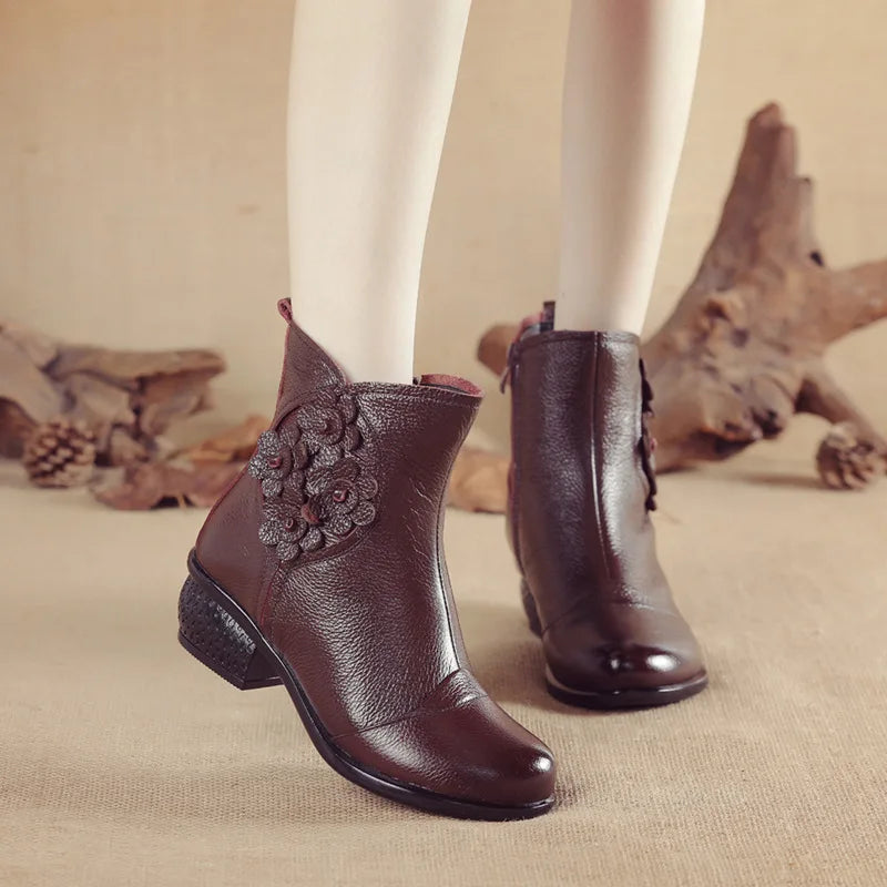 Casual Pu Leather Shoes Ethnic Style Flower Ankle Boots Soft Sole