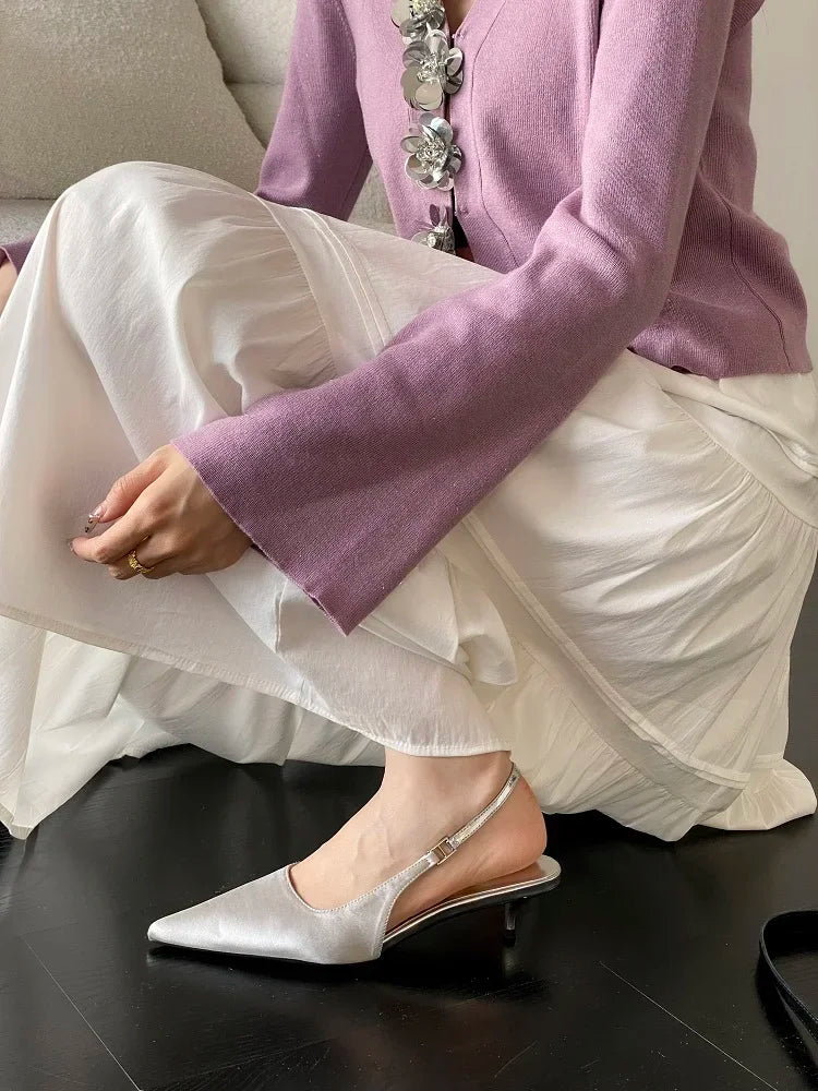 Satin Pointed Toe Mules Sandals High Quality Shallow Thin Low Heels