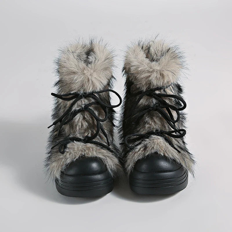 Furry Lace Up Snow Boots Concise Height Increase Shoes Thick Sole Warm Cotton Short Booties Zapatos De Muje