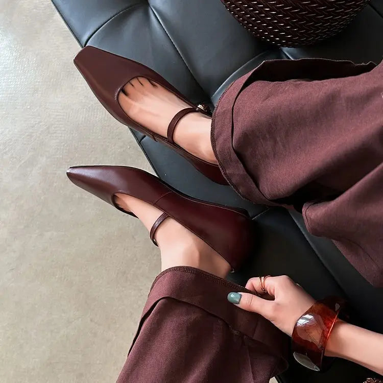 Genuine Leather Mary Jane Shoes Sandals Buckle with Square Toe Soft Bottom Shoes