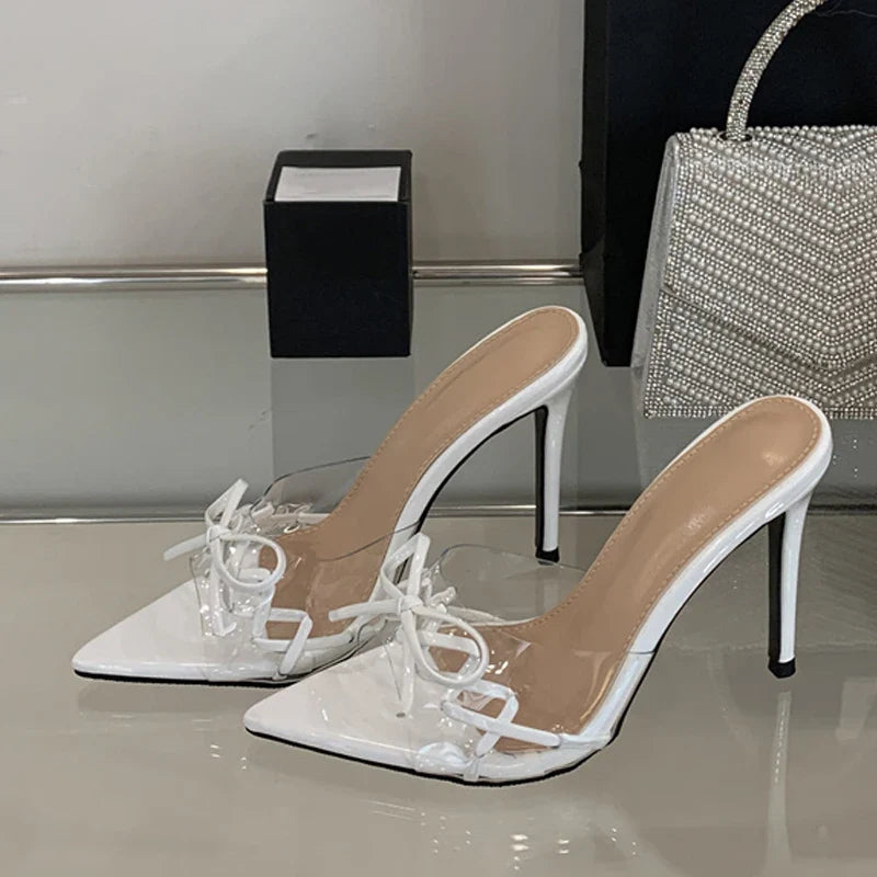Elegant Pointed Toe Red High Heels Transparent Slippers Leather Bowknot Sandal Party