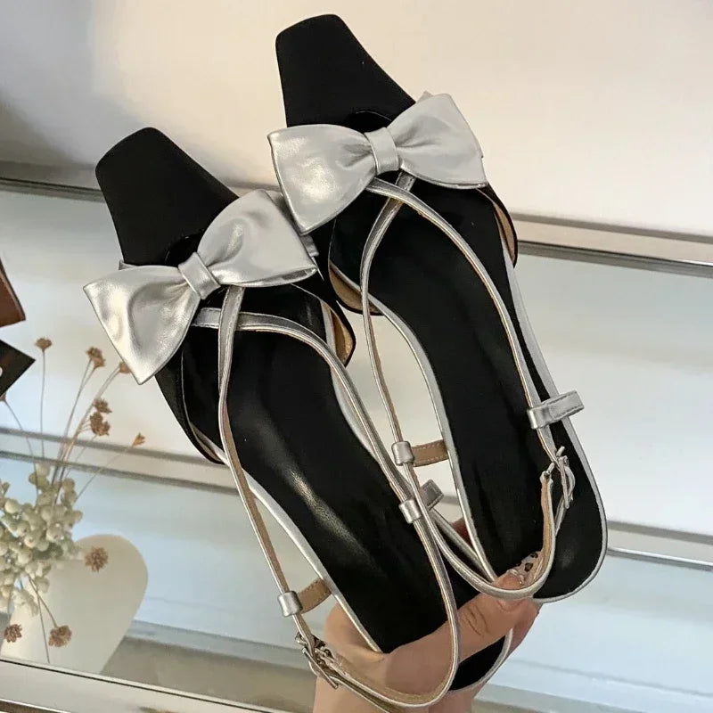 Sweet Butterfly-knot Low Heel Mules Shallow Elegant Comfy Cross-tied Square Toe Slingback Sandals