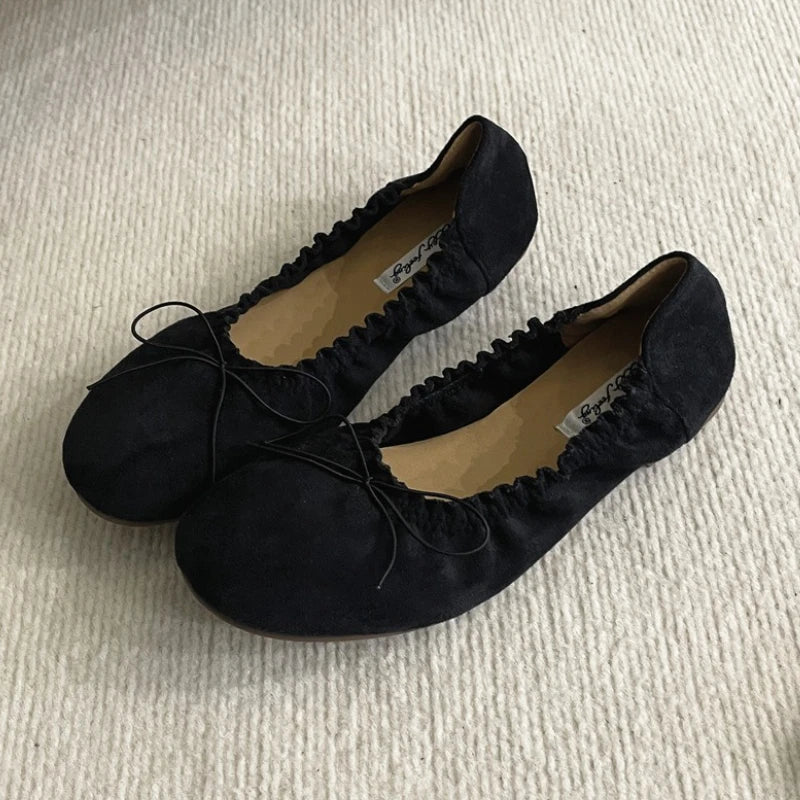 Suede Retro Bowknot Round Toe Flat Shoes Soft Sole Comfort