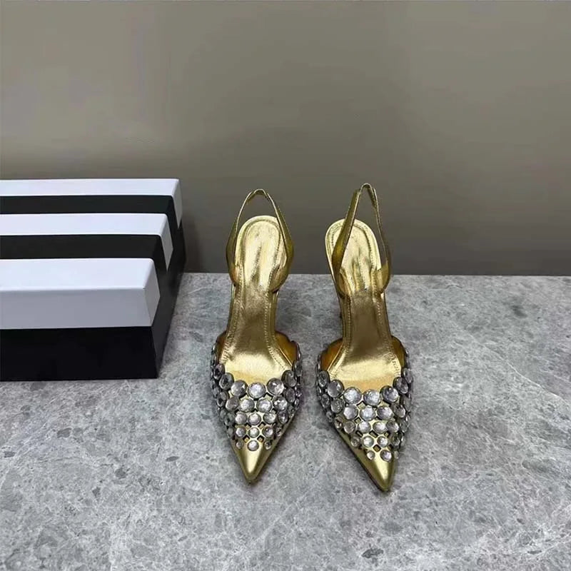 Super Beautiful Rhinestone Shallow Stiletto Pointed Shoes Roman Cut-out High Heeled Sandals