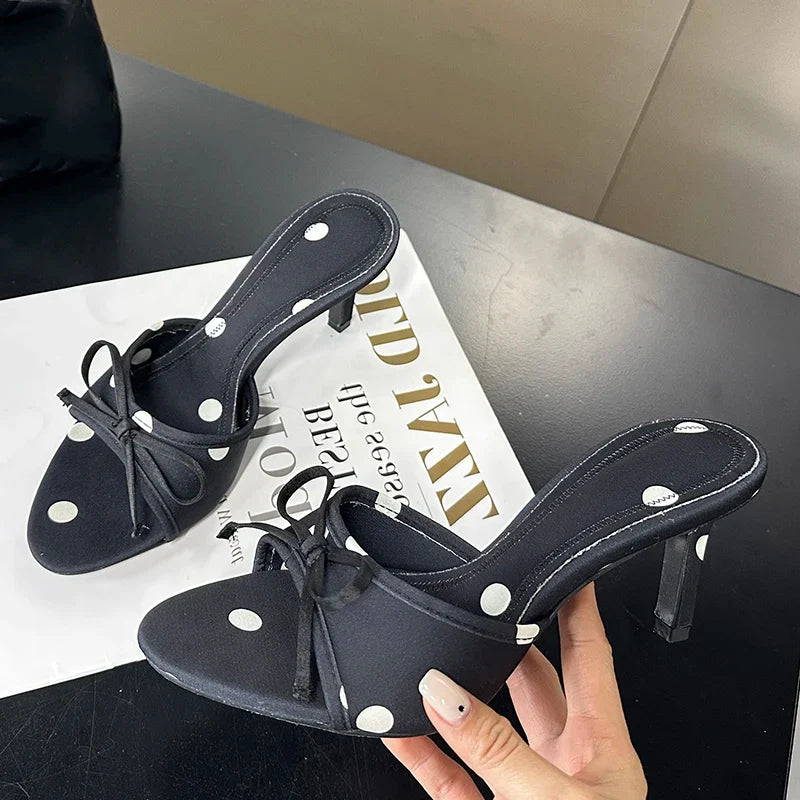 Black Polka Dot Peep Toe High Heel Mules Bowtie Slide Shoes Elegant Party Slip-On Footwear
