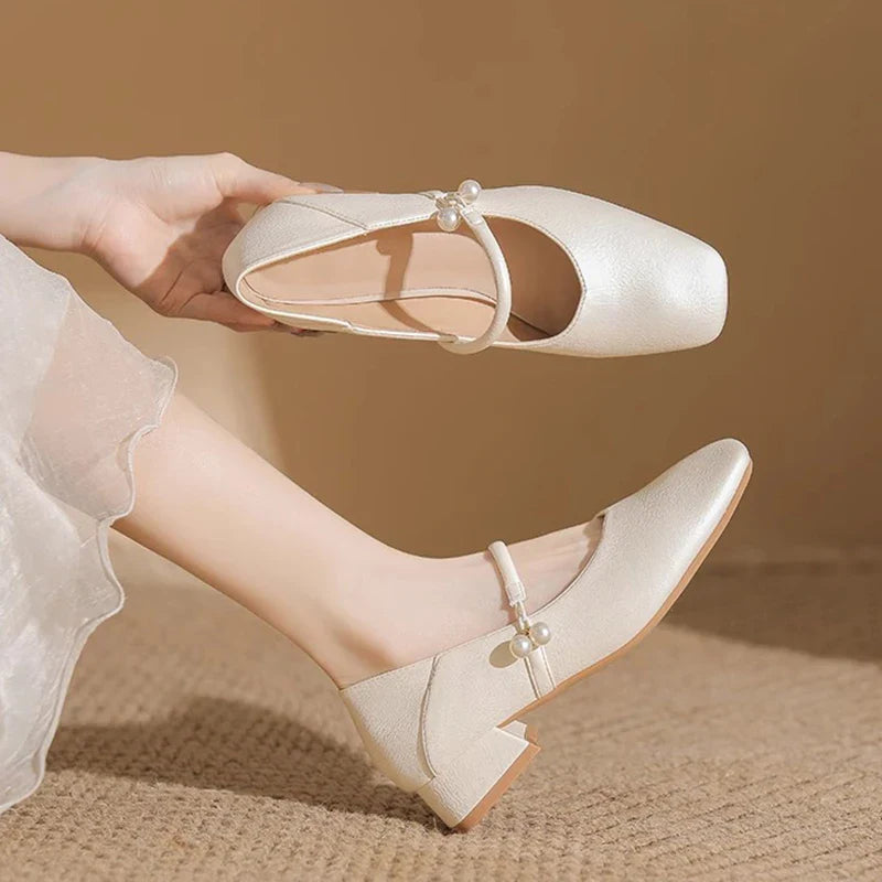 elegant pearl buckle low heel shoes woman two wears slip on moccasins chunky heel soft leather pumps big size 43