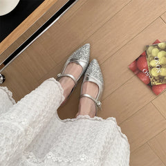 Shoes Woman's Slippers Pointed Toe Slides Silver Cover Flat Scandals Bling Slippers Cover Toe S