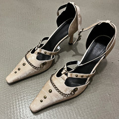 Retro Rivets Metal Chain High Heels Thin Heel Party Elegant Office Shoes Pointed Toe Pump Sandals