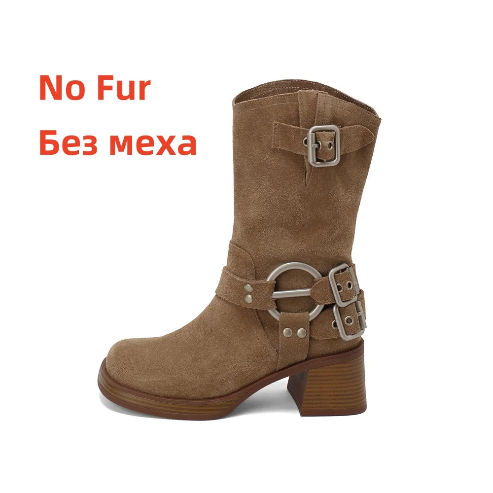Cow Suede Leather Mid-calf Boots Thick High Heels Warm High Boots Motorcycle Boots Shoes