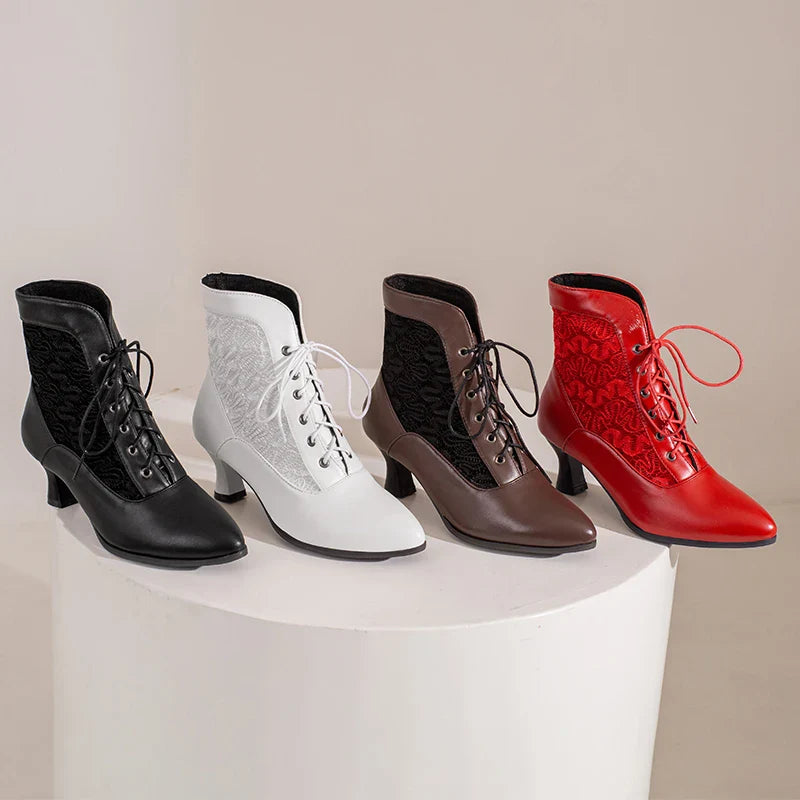 White Red Victorian Pointed Toe Ankle Boots PU Leather Embroidered Laces Punk Cross-tied Kitten High Heel Shoes Plus Size