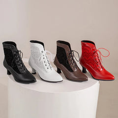 White Red Victorian Pointed Toe Ankle Boots PU Leather Embroidered Laces Punk Cross-tied Kitten High Heel Shoes Plus Size