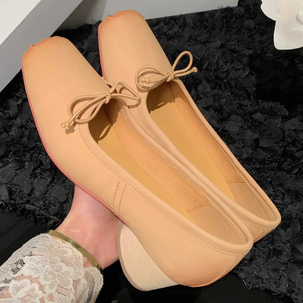 genuine leather 4.5cm thick med heel pleated square toe slip-on pumps sweet bowtie korean style heeled shoes sale