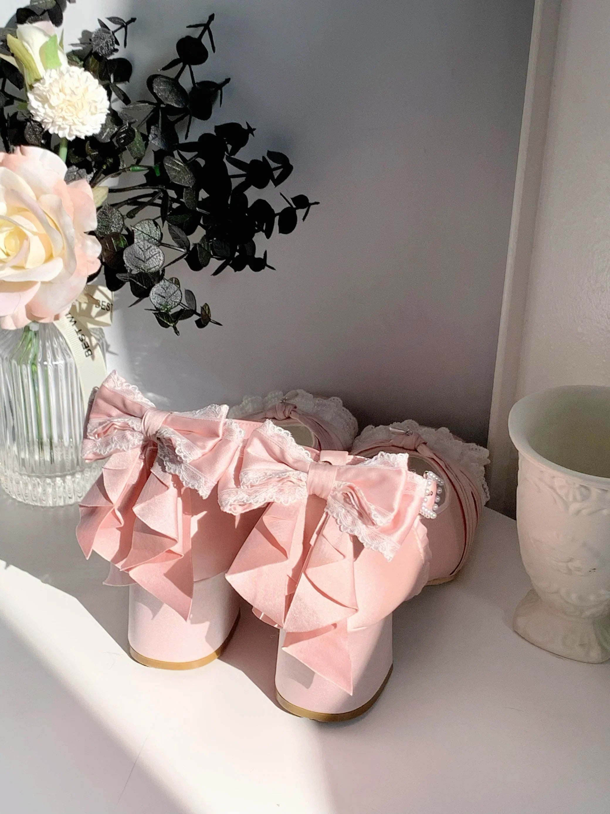 Pink Lolita Shoes Ballet Thick Heel High Heels Mary Jane Shoes Satin Elegant Platform Waterproof Pumps Original