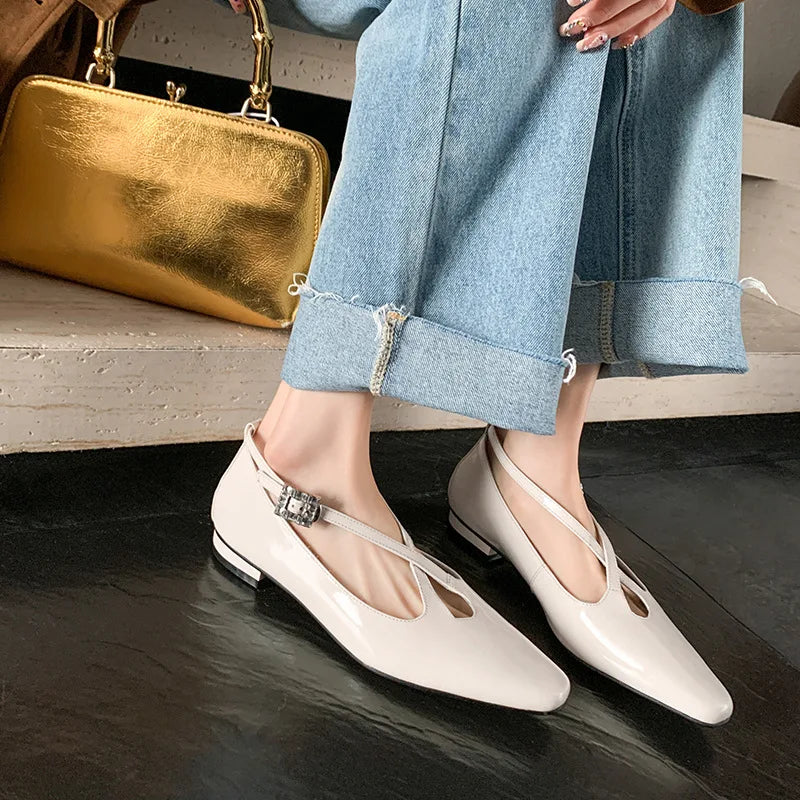 Retro Round Toe Cross Water Diamond With Casual Coarse Heel Mary Jane Shoes French Single Shoes