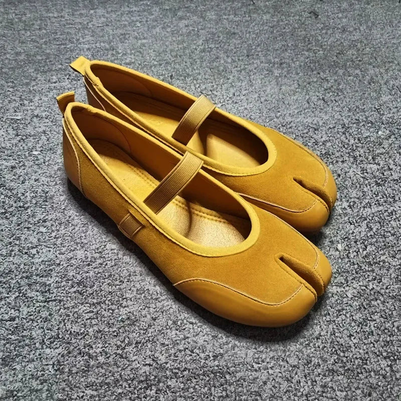 Split toe Faux suede Patchwork Tabi Ballet Flats Mary Janes Walking Loafers Casual Girls Dance Shoes