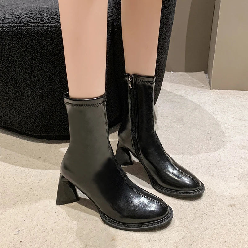 Elegant High Heels Shoes Chelsea Ankle Boots Chunky Square Toe Shoes Motorcycle Pumps Botas