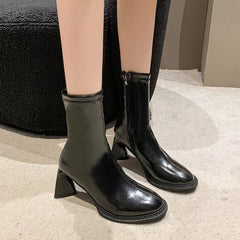 Elegant High Heels Shoes Chelsea Ankle Boots Chunky Square Toe Shoes Motorcycle Pumps Botas