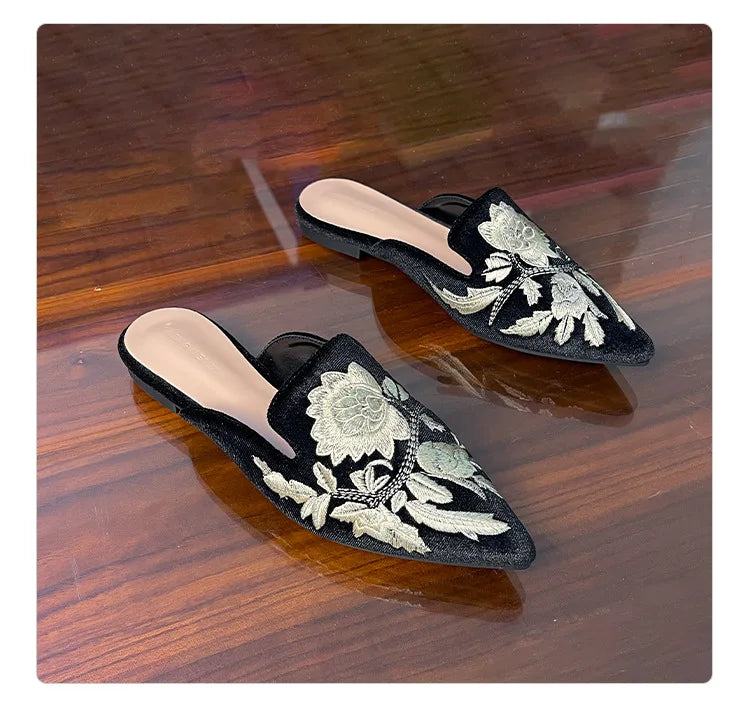Embroidery Velour Shoes Woman Strange Heel Slippers Design Mules Femme Pointed Toe Wedges Tacones Slides Slip On Pantuflas Mujer
