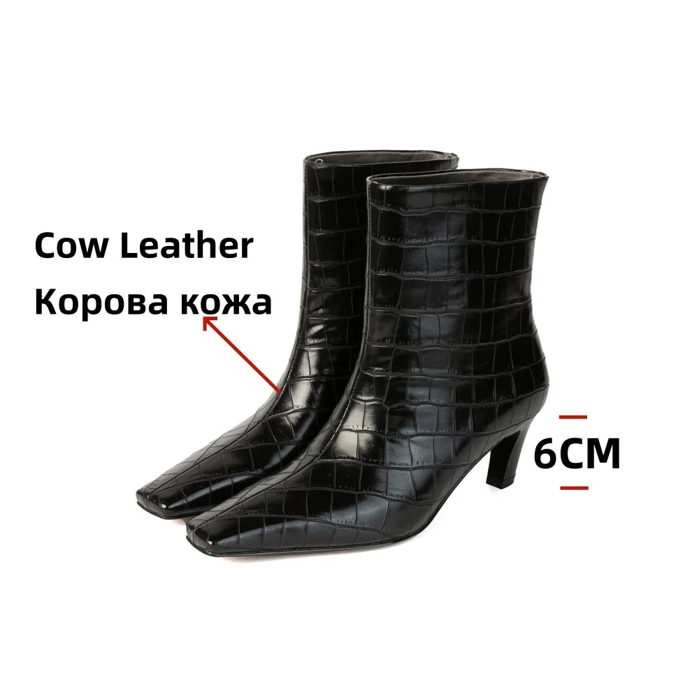Stone Pattern Leather High Heels Short Shoes Office Lady Party Dancing Shoes Ankle Boots
