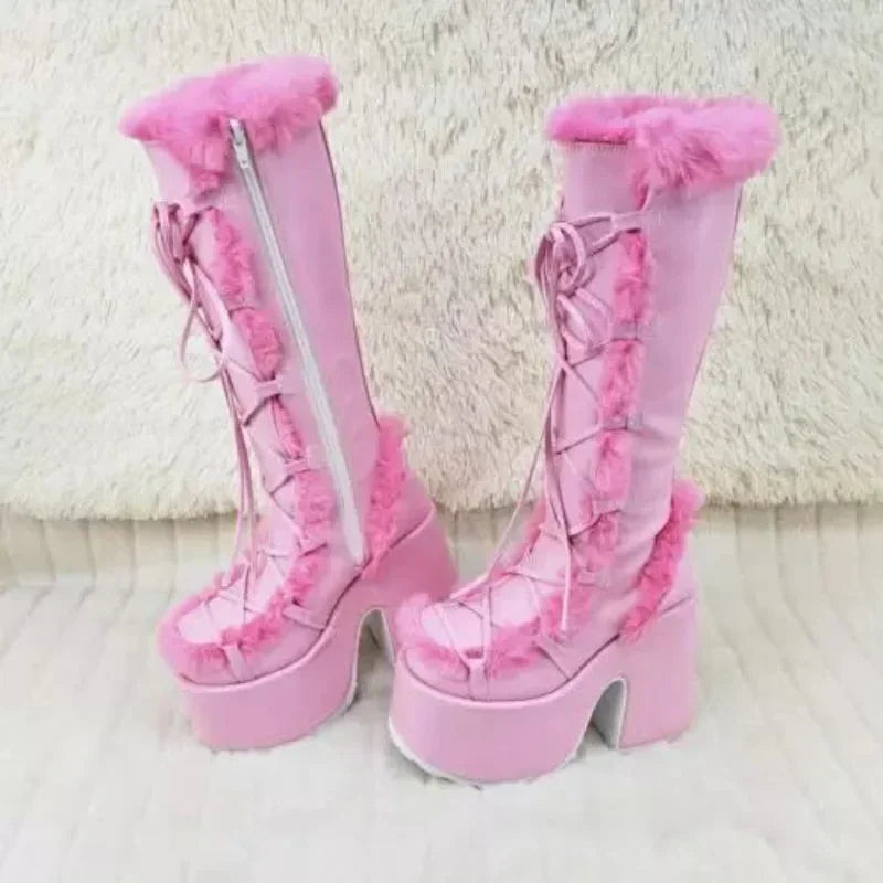 Snow Boots Platform Wedge High Heel Faux Fur Lady Shoes Plush Warm Non-slip Mid Calf Boots Goth Shoes