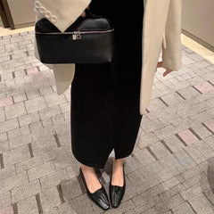 Black Ballet Flats Shoes Square Toe Crumpleâ€?Leather Elegant Shoes Shallow Slip on Loafers
