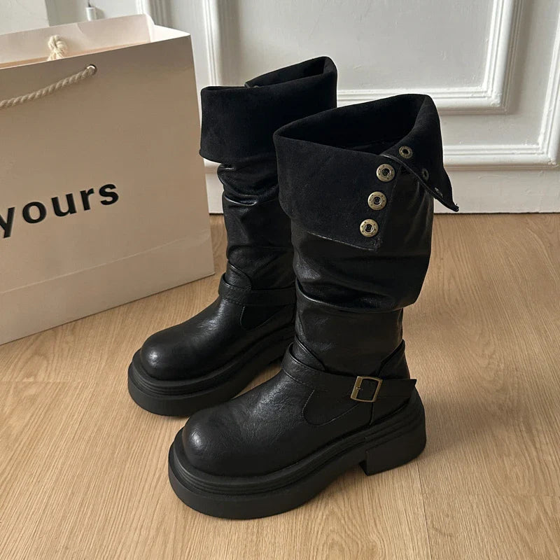 Platform Thick Bottom Woman Knee High Boots Shoes Elegant Belt Buckle Knight Booties
