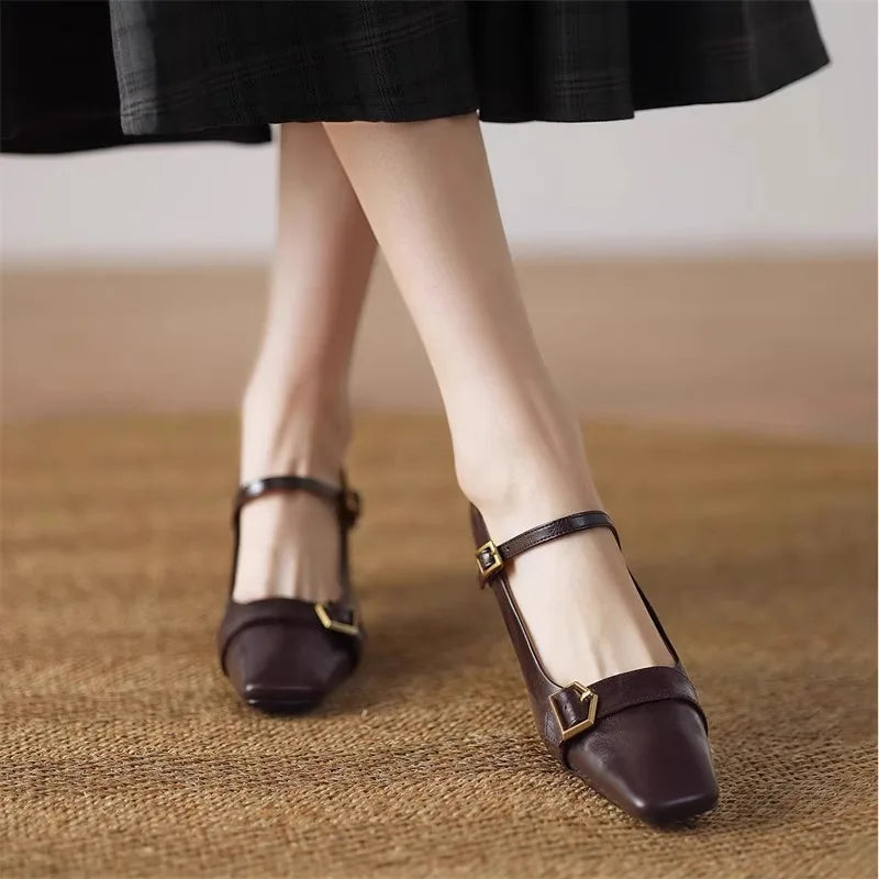 Metal Buckle Decoration Mary Jane Shoes Comfortable Leather High Heels Elegant Chunky Heel Zapatos De Mujer