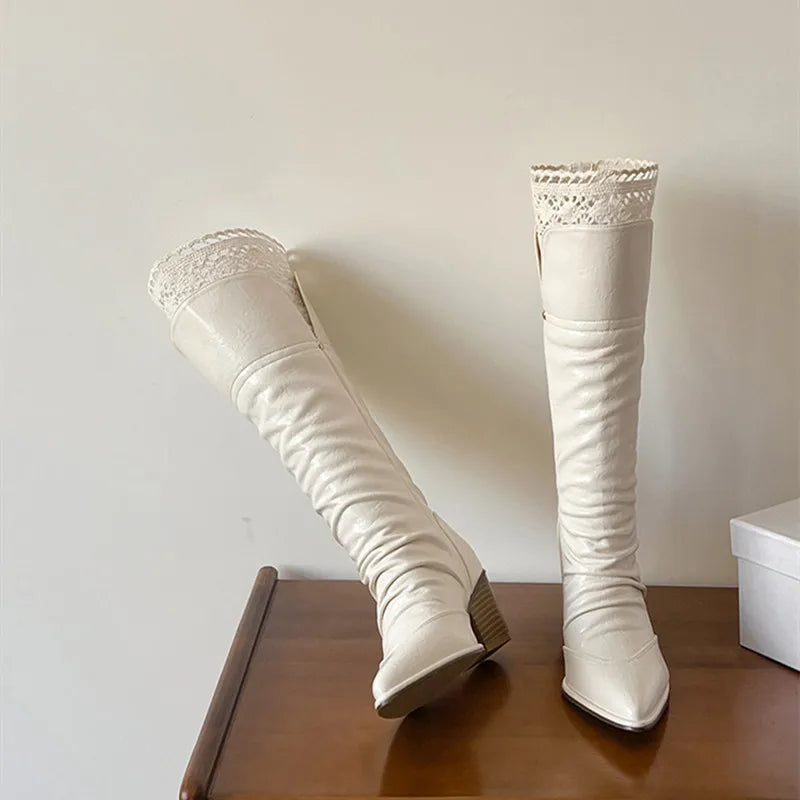 Pleated Design Knee-High Boots Vintage Faux Suede Lace High heels Western Cowboy Long Booties Shoes