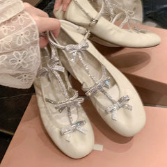 Rhinestone Bow T-Strap Round Toe Flat Ballet Shoes Woman Buckle Mary Jane Shoes Woman Pumps