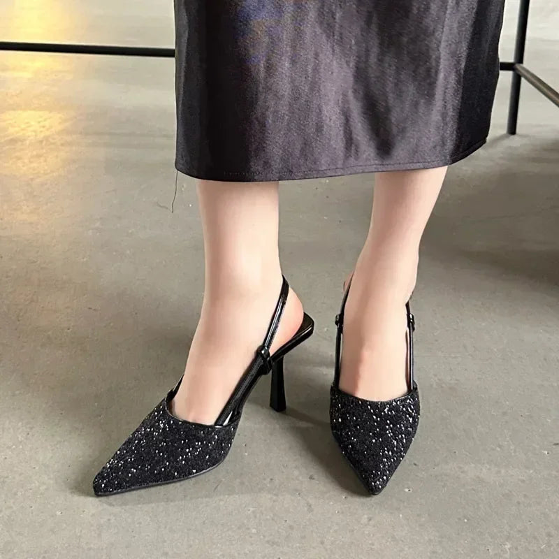 Bling Design Mules Sandals Pointed Toe Thin High Heels Back Strap Banquet Pums