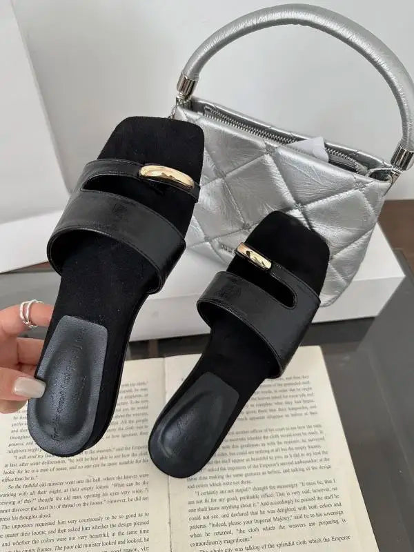 Shoes Woman Slippers Square Toe Slides Rivet Pantofle Flat Rivet Shoes Slippers Pan