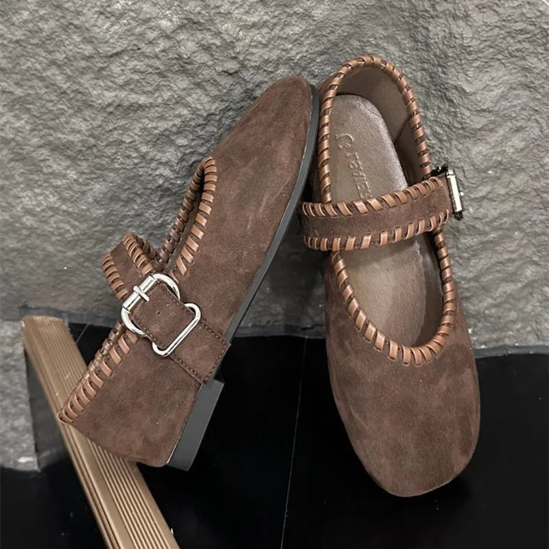 High Quality Woven Faux Suede Leather Mary Jane Shoes Metal Belt Buckle Design Shoes Comfortable Flat Loafers
