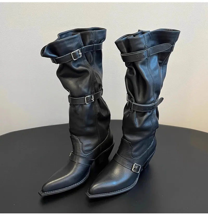 Vintage Pleated Belt Buckle Faux Suede Knee High Boots High heels Western Cowboy Knight Boots Shoes