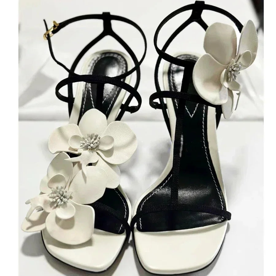 Flower Heels Sandals Open Toe Narrow Band Slingback Shoes Ankle Strap Elegant Party Wedding Shoe Zapatos De Mujer