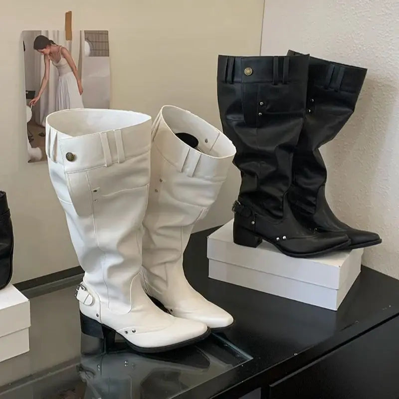 Black Boot Knee High Long Shoes Woman Pointed Toe Chunky Heels White Boots Belt Buckle Rivet Wide-Leg Shoe