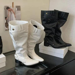 Black Boot Knee High Long Shoes Woman Pointed Toe Chunky Heels White Boots Belt Buckle Rivet Wide-Leg Shoe