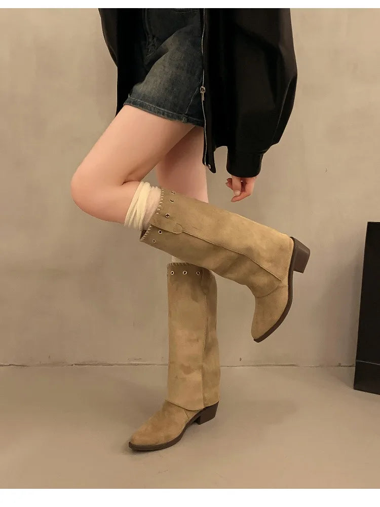 Vintage Thick Heel Western Cowboy Boots Button Combination Splicing Shoes Pipe Long Booties