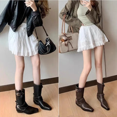 Boots Plush Warm Mid Calf Boots Chelsea Shoes Square Toe Metal Buckle Short Boots