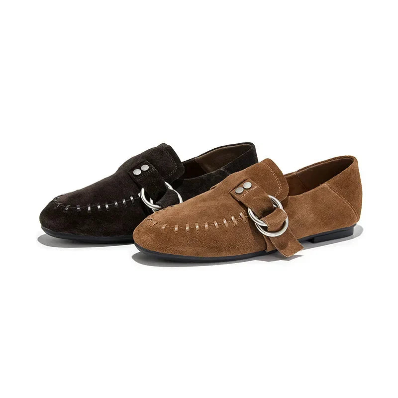 Genuine Leather Flats Metal Buckle-Decorated Suede Loafers Light Comfortable Cow Suede Shoes