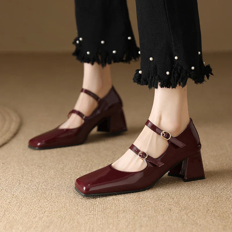 Silver Black Burgundy Heels Elegant Buckle Strap High Heels Pumps Mary Jane Shoes Elegant Solid Lady Party Wedding Shoes