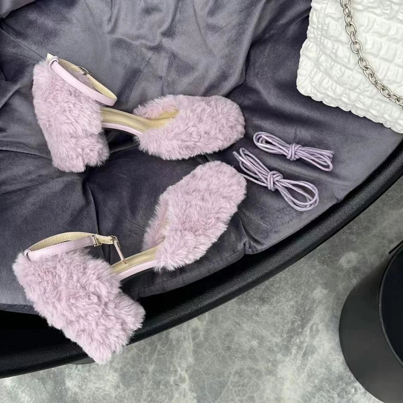 Brand Sandal Furry Elegant Square Low Heel Dress Pumps Shoes Outdoor Slingback Shoes
