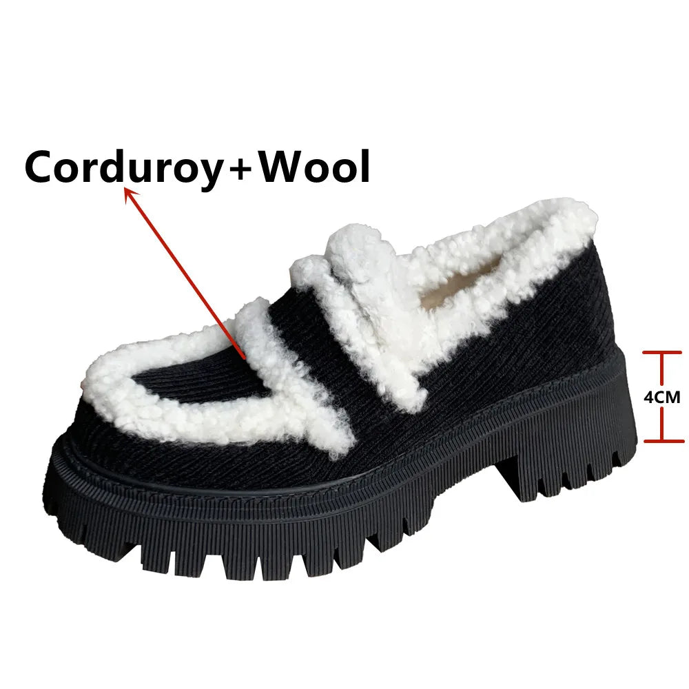 Thick Heels Round Toe Warm Shoes Woman Loafers Casual Office Lady Working Arrival