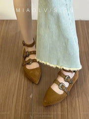 Retro Mary Jane Shoes British Style Pointed Toe Rivet Buckle Flat Bottom Beanie Shoes Girl Footwear
