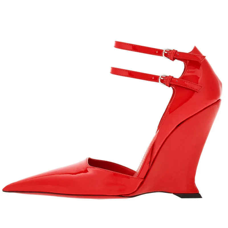 Buckle Strap Patent Leather Wedges Sandals Pointed Toe High Heels Woman sandalias de las mujeres