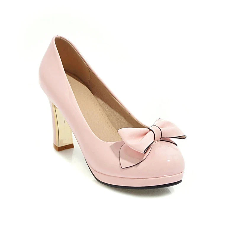 Round Toe Platform Thick High Heels Bow Shallow Wedding Shoes Black Beige 43